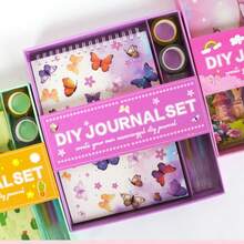 ​[返校畅销品] 1 套粉色蝴蝶剪贴簿套装 - DIY 日记本 +55 件文具礼品套装，适合儿童、学校用品、返校