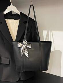 Túi tote PU thời trang màu trơn trang trí khăn quàng cổ, túi đeo vai tối giản cổ điển dung tích lớn, túi xách thường ngày nhiều ngăn phù hợp cho phụ nữ - màu đen - Xem 4