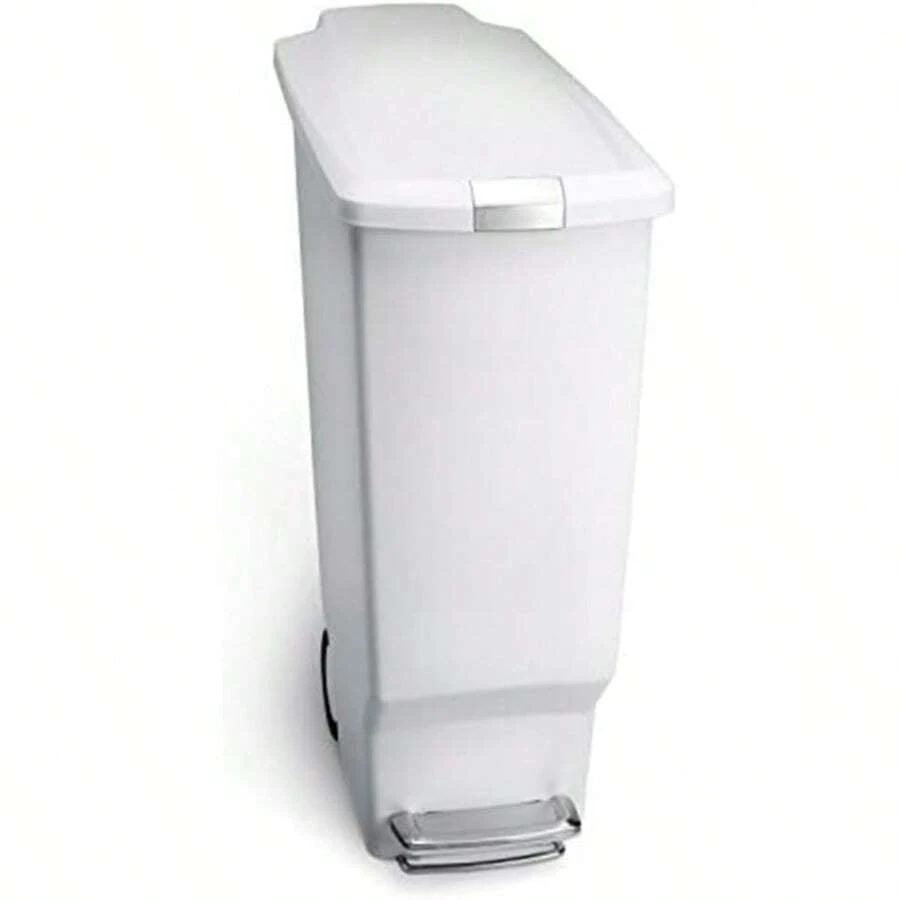 40 Liter 10.6 Gallon Slim Kitchen Step Trash Can With Secure Slide Lock White Plastic - White - View 1