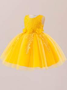 Girls' Lace Patchwork Princess Dress With Handmade 3D Floral Decor, Tulle Skirt, Ballet Dance Recital Costume, Elegant Party Dress, Simple Solid Color Layered Mesh Maxi Dress With Bowknot Back For Kids - Yellow - View 5