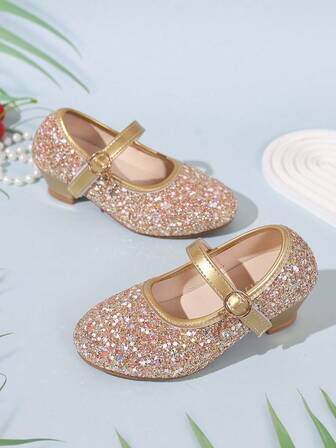 1 Pair Gold Ankle Strap Design Girls' Heeled Shoes, Spring/Autumn Girls' Chorus Performance Recital Heels, Little Girls' Formal Dress Shoes, Children's New Comfortable Fashion Flats, Girls' Shiny Elegant Dance High Heels