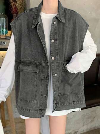 Solid Button Front Denim Vest Jacket