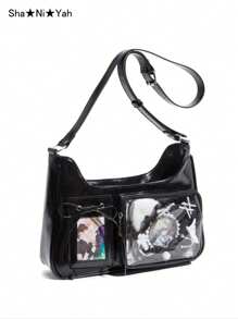 Y2K Fashion Shopping Casual Minimalist Street Commute Large Capacity Women's School Style Oiled Wax Leather Transparent Badge Shoulder Bag Crossbody Bag, Can Hold Textured Items, Can Hang Key Chain, Can Hold Postcards - Black - View 3