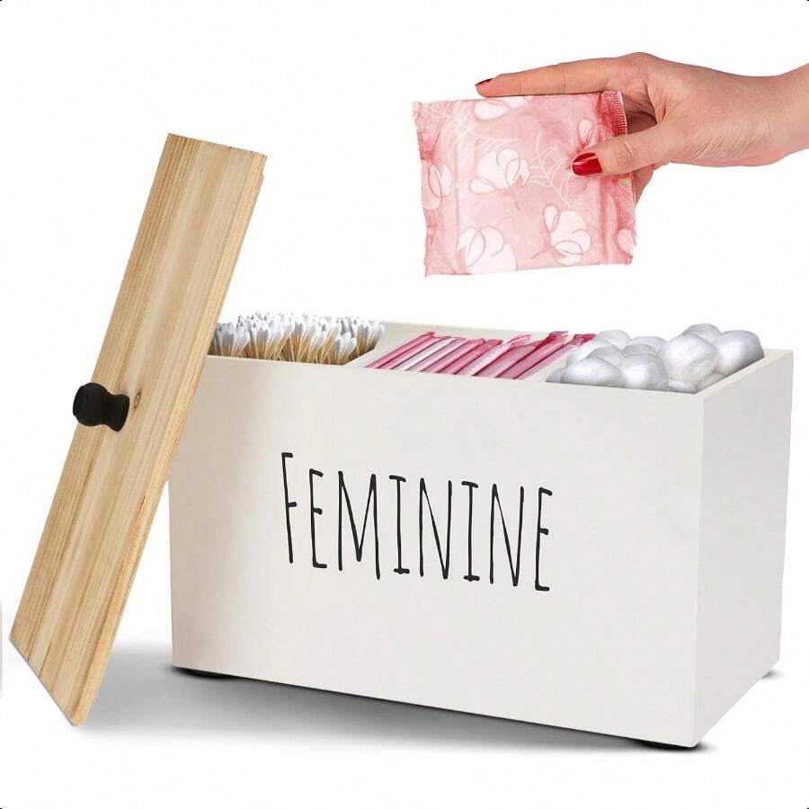 Tampon Holder Storage For Bathroom Feminine Wood Container Box Women Product Organizer Farmhouse Decor Pad Storage Container Box Rustic Accories White