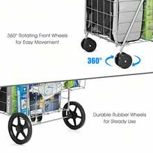 Lifezeal Folding Shopping Cart Jumbo Basket Grocery Laundry Travel W/ Swivel Wheels - 銀色 - 查看 4