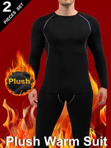 Conjunto de ropa interior térmica para hombres, camiseta de cuello redondo de manga larga y pantalones, capa base cálida, unicolor, gruesa, ajuste ceñido, ropa deportiva, adecuada para clima frío, actividades al aire libre, esquí, invierno - Negro - Ver 2