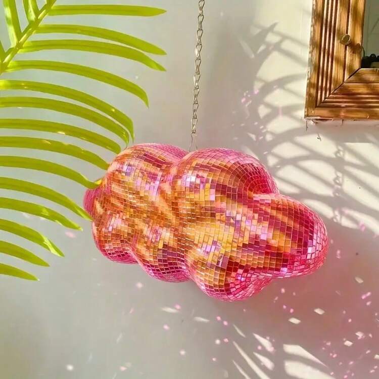 Bohemian (Cloud-Shaped) Disco Ball Decor - Shiny Sequin Mirror Pendant With Metal Chain, Suitable For Weddings, Home Bars And Boho Parties (No Power Required) - Baby Pink - View 6