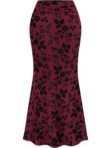 Womens Floral Mesh Maxi Skirt Elastic High Waisted Boho Elegant 2025 Summer Fall Long Skirts Women - 酒紅色 - 查看 9