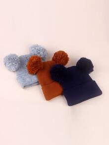 3pcs Baby Kids Knitted Double Pom-Pom Earflap Beanie Hats, Thin Warm Solid Color Versatile Knit Caps For Spring Autumn Winter - 彩色 - 查看 3