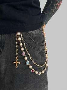 1pc Men's Summer Double-Layer Alloy Pants Chain, Faux Pearl & Rhinestone Flower Decor Chain, Suitable For Daily Wear, Party & Gathering