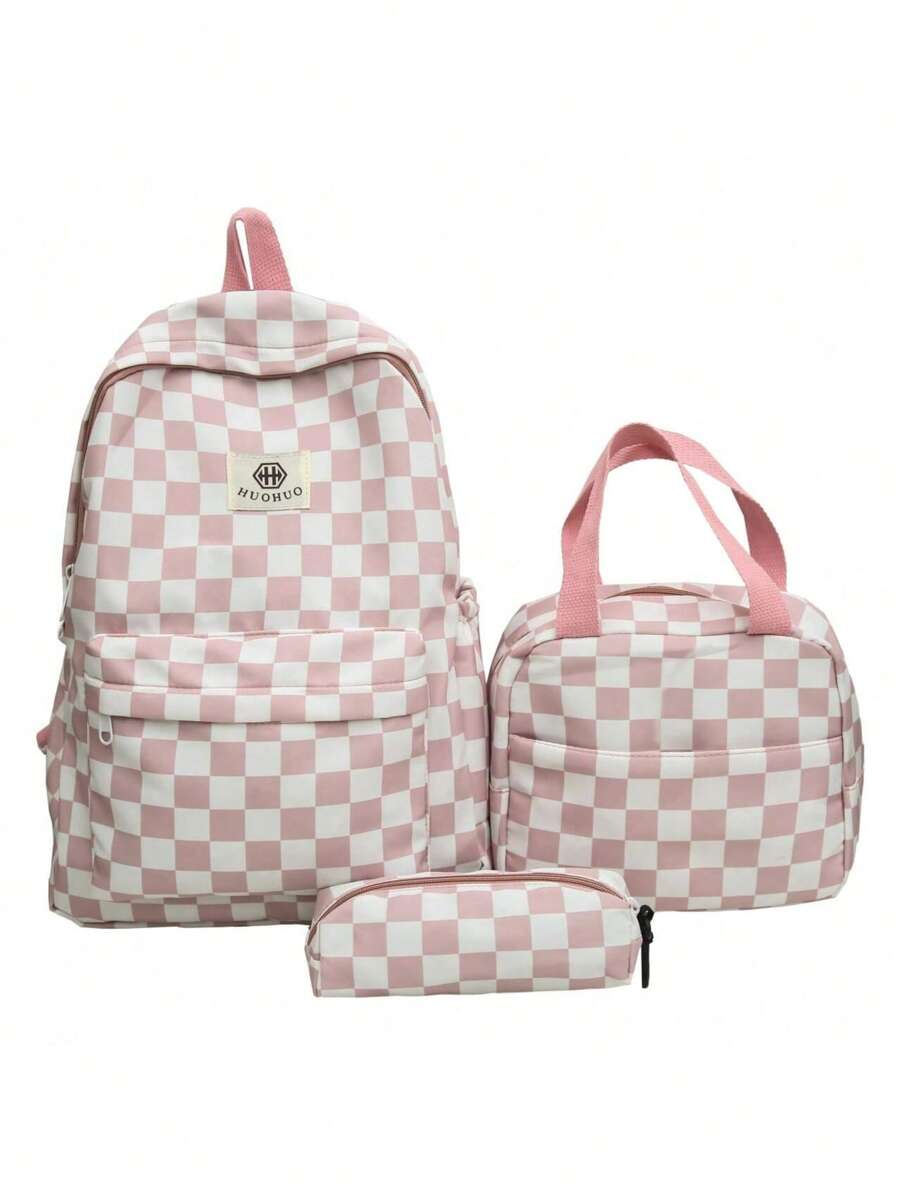 3 件套返校书包套装个性化时尚大容量背包、手提包和铅笔盒多件套 E 背包带笔记本电脑隔层书包背包钱包 E 格子尼龙学校背包