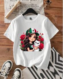CHOPIS Camiseta Dama cuello redondo manga corta playera mujer blusa gráfica moda chopis suave casual diseño de MUJER CON GATITO Y GORRA MEXICANA FONDO ROSAS