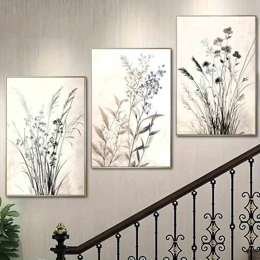 Set Of 3 Art Deco Modern Classic Canvas Wall Art Prints, Botanical Floral Landscape Theme, Ink Artwork, With Pine Wood Frame/Without Frame, For Home Office, Living Room, Bedroom, Kitchen, Spring & Winter Seasons, Indoor & Outdoor, Restaurants & Bars
