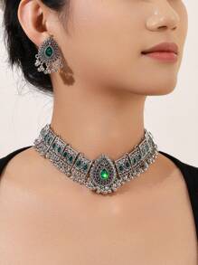 2024 Top-Selling  Arabic Style Zinc Alloy Antique Bronze-Colored Women's Jewelry Set. This Set Includes 1pc Gold Plated Waterdrop Pendant Necklace With Tassel Design & Inlaid Glass Rhinestones, And 1pair Exquisite Bohemian Style Stud Earrings. It's A Perfect Choice For Holiday Gifts And Daily Wear. - Bronze - View 22