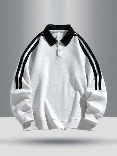 青少年户外休闲百搭撞色肩带装饰时尚高街马球领运动衫，春秋季