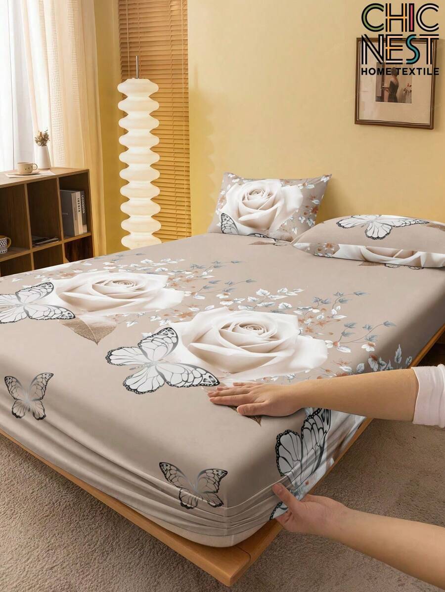 1 件玫瑰花朵蝴蝶图案床笠、树枝床垫保护套、情人节床垫罩、床单、柔软透气、适合所有尺寸的床 - 单人床、双人床、特大床、大号床单、深口袋床单、家纺、背部学校床上用品、宿舍床上用品套装 - 卡其色 - 查看 1