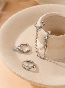 3pcs/Set Delicate Cubic Zirconia Earring Chain Clip-On Stud Earrings For Women, Daily & Party Jewelry (Quantity Suitable For One Ear) - Silver - View 4