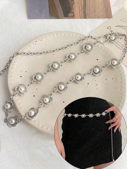 Cadena de cintura con pétalos de perla de concha de lujo casual, accesorio versátil para minifalda, tops tubo, dulce y con estilo