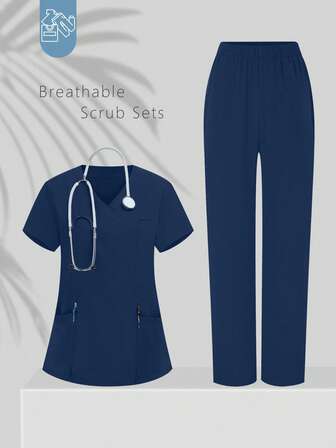 cimmuovere 女式V领短袖多口袋开衩下摆上衣和纯色手术服护士工作服牙医保健宠物医院实验室制服套装