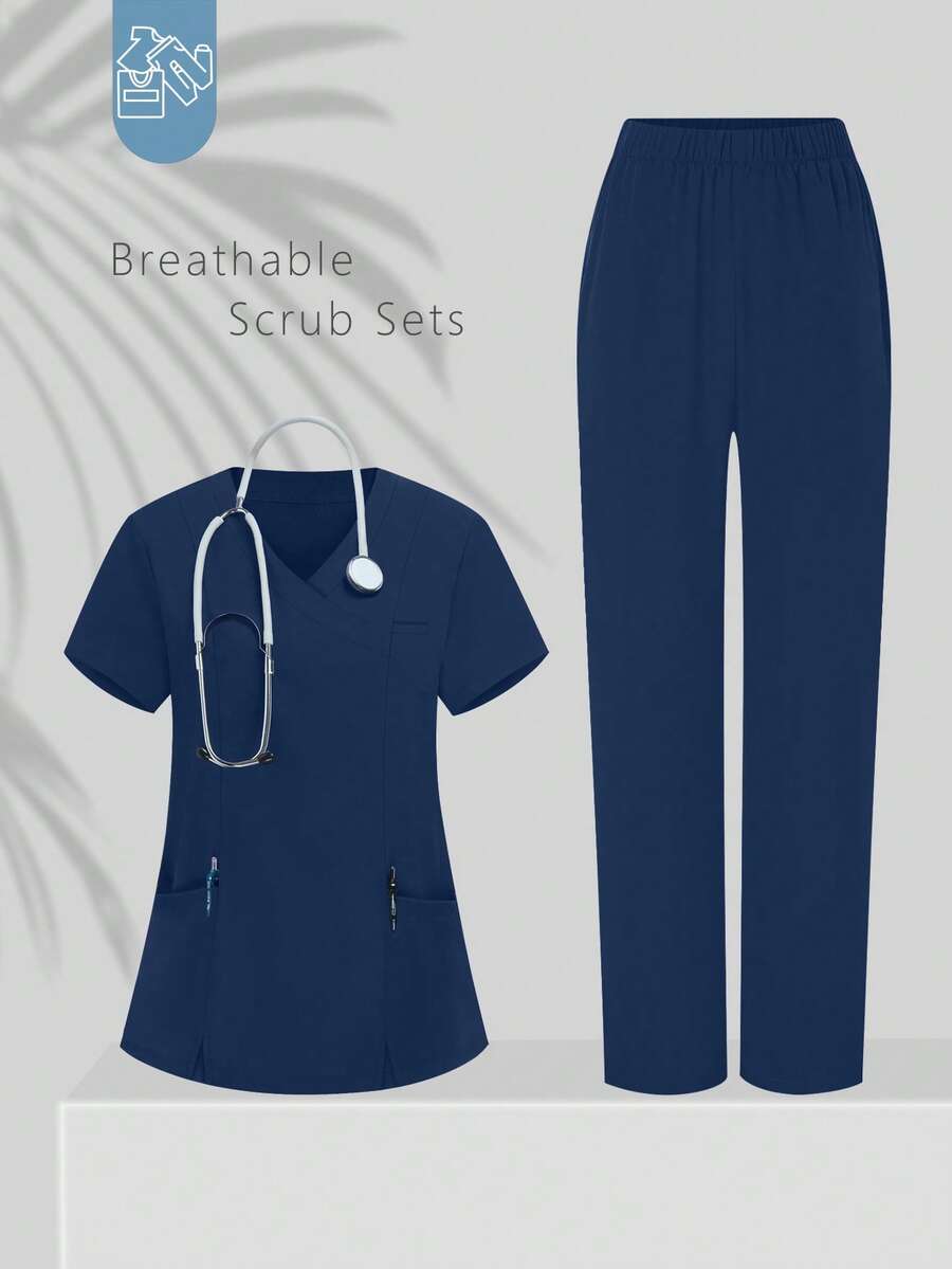 cimmuovere Conjunto de uniforme de mujer con parte superior de manga corta con cuello en V, múltiples bolsillos y bajo con abertura, talla grande pantalón de uniforme liso para enfermeras, dentistas, personal de salud, veterinaria y laboratorio