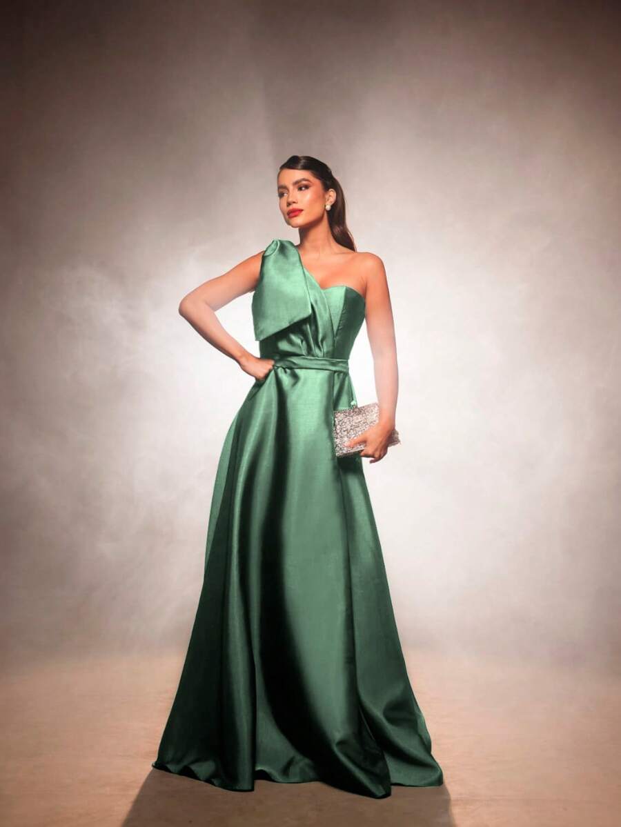 Asymmetrical Evening Dress With Side Slit And Bow On The Shoulder Simple Openwork / Cut-Out Formal And Evening - 薄荷綠 - 查看 1