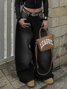 复古高街水洗黑色牛仔裤，女士时尚设计直筒宽松休闲阔腿裤，春夏款 - 黑色 - 查看 2