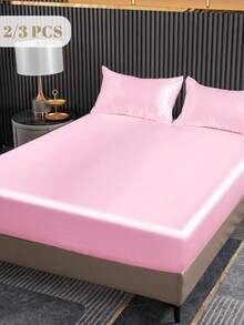 2/3pcs Fitted Sheet Set, Bedding Set, Satin Bed Sheets Set, Solid Color Skin-Friendly Bed Cover Set, Pink Bedding Set, Room Decor, Soft And Comfortable, Mattress Protector For Bedroom Decor, 1 Bed Sheet With 1/2 Pillowcases, Deep Pocket, For Single/Twin/Full/King/Queen Bed Sizes, Luxury Bedding, Machine Washable, Cool Touch For Sleeping, Perfect Valentine's Day Gift, Valentine's Day, Valentine's Gift - 粉色 - 查看 11