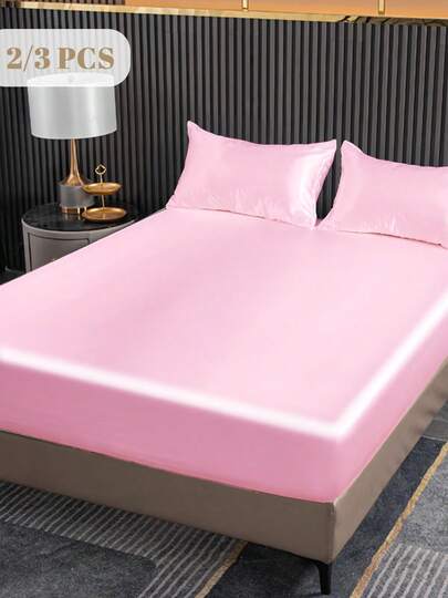 2/3pcs Fitted Sheet Set, Bedding Set, Satin Bed Sheets Set, Christmas Decorations, Solid Color Skin-Friendly Bed Cover Set, Room Decor, Soft And Comfortable Bedding For Bedroom, Mattress Protector For Bedroom Decor, 1 Bed Sheet With 1/2 Pillowcases, Deep Pocket, For Single/Twin/Full/King/Queen Bed Sizes, For All Season, Halloween Gift, Machine Washable, Exquisite And Thoughtful Gift