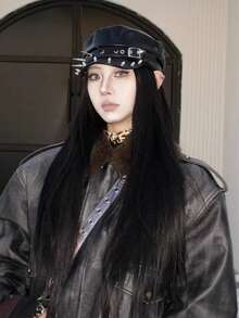 Unisex Couple Beret Hat, Suitable For All Seasons, Original Design, Rock Fashion, Leopard Print, Navy Blue Beret, Personalized Rivet Leather Buckle, Retro Leather Newsboy Cap, Metal Spider Decoration, Punk PU Leather Distressed Octagonal Cap - Butterfly - View 3