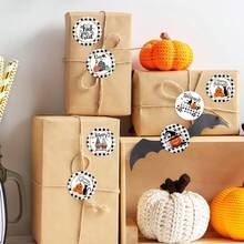 Halloween Sticker Roll - 6 Cute Spooky Designs: Funny Pumpkin + Gnome Pattern Plaid Border Stickers, Round Candy Bag Sealing Labels/Gift Wrapping/Party Decor Stickers - Multicolor - View 6