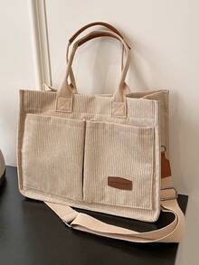 Bolso de mano plegable de pana a rayas, de gran capacidad - Caqui - Ver 8