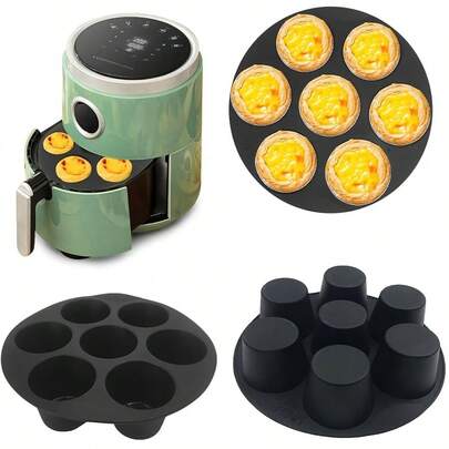 1pc 7-Hole Silicone Cake Mold - Durable Black, Perfect For Jelly, Pudding, And Cupcake Baking, Air Fryer Accessory, Food Storage Containers, Baking Essentials|Round Cake Mold|Silicone Construction, Baking Supplies