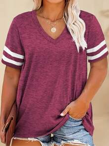 Plus Size Women's Fashion V-Neck, Striped Spliced Cuff Short Sleeve, Spring/Summer Outdoor Sports And Leisure T-Shirt - Red Violet - View 2