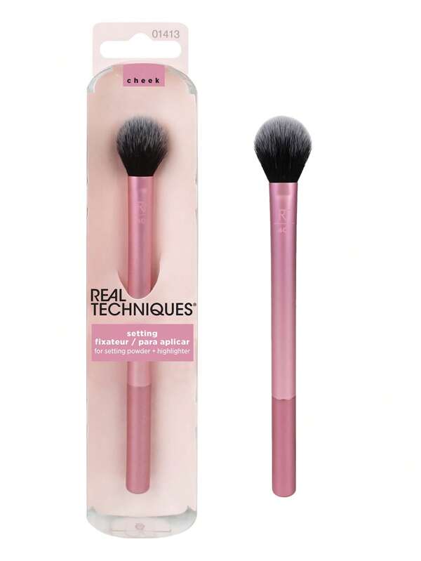 Real Techniques Pinceau de réglage de maquillage, pour poudre de réglage, poudre libre et poudre compacte, pinceau de maquillage pour le visage, pinceau 402, couverture transparente pour l'illuminateur, poils synthétiques et sans cruauté, pack de 1