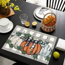 1 pieza/4 piezas/6 piezas Manteles individuales de lino con estampado de calabaza, decoración de Acción de Gracias, regalo de Acción de Gracias, adecuado para mesa de comedor, decoración para todas las estaciones, manteles individuales modernos lavables, decoración del hogar, manteles individuales, posavasos, manteles de mesa de cocina y comedor, decoración de fiesta interior y exterior, decoración del hogar, regalo ideal - Multicolor - Ver 4