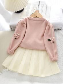 2pcs/Set Young Girl Cute Long Sleeve Fruit Print Top And Pleated Skirt Set, Autumn/Winter