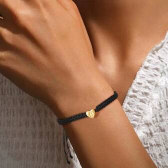 1PC Personalized Letter Heart-Shaped Bracelet, Heart Letter Black Jewelry Rope Woven Bracelet, Couple Letter Name Bracelet Gift, Friendship Jewelry, Gender Adjustable Design, Boyfriend, Girlfriend, Best Friend Anniversary Birthday Gift