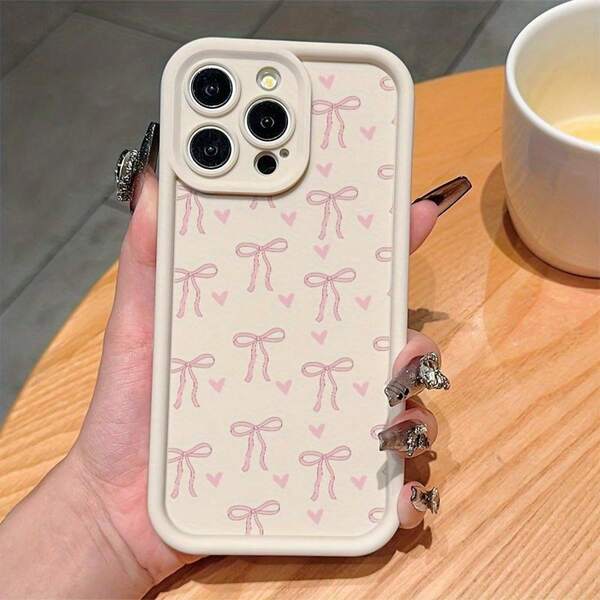 A White High Bamboo Phone Case With A Pink Bow And Heart Pattern, Compatible With Galaxy S24 Ultra/S24 Plus/S24/S23 Ultra/S23 FE/A55/A54/A53/A52/A52S/A51/A50/A50S/A35/A34/A33/A32/A24/A23/A22/A21S/A20/A20S/A15/A14/A13/A12/A10S/A05S/A05/A03S/A03.