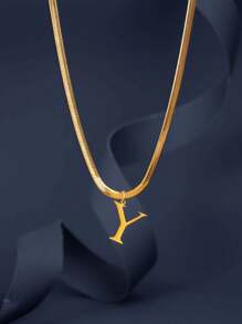 1pc European & American Fashion 26 Letter Pendant Blade Chain Necklace, 18K Gold Plated Stainless Steel, Non-Fading, Suitable For Women Everyday & Holiday Wear