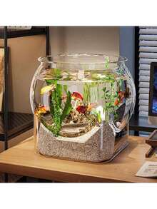 Round Transparent Fish Bowl, Shatterproof Small Desktop Hydroponic Goldfish Tank, Small Landscape Goldfish Bowl, Suitable For Office And Living Room, Home Transparent Creative Shatterproof Aquarium - Clear - View 12