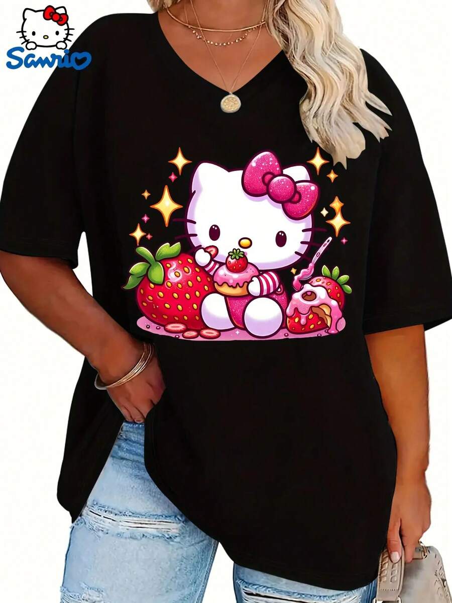SANRIO HELLO KITTY Women's Short-Sleeved Crew Neck Casual T-Shirt With HELLO KITTY Print. Made Of Pure Cotton. Machine Washable. Suitable For All Seasons. Summer Wear. Fun, Sexy, Avant-Garde And Personalized Design. Opaque Fabric. - màu đen - Xem 1
