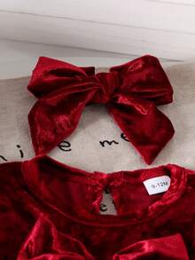 Jumpsuit Bayi Perempuan Warna Burgundy Beludru untuk Musim Gugur/Dingin, Jumpsuit Lengan Panjang Berkerut dengan Hiasan Pita + Bando Pita Polos - Burgundy - View 4