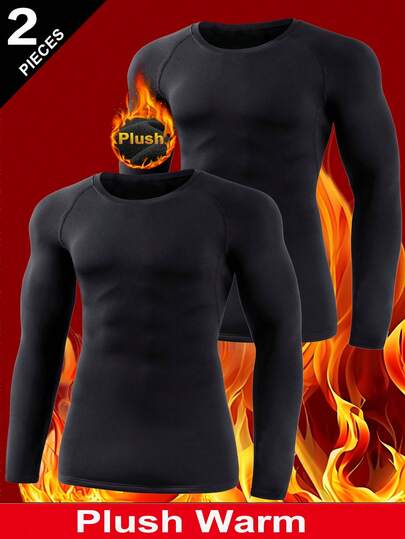 2pcs Men's Thermal Underwear, Thermal Lined, Thick, Solid Color Long Sleeve Crew Neck Tops, Suitable For Cold Weather, Outdoor, Skiing, Winter