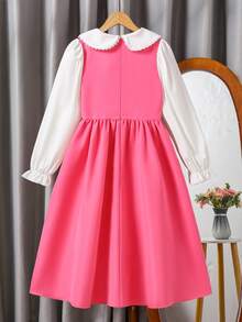1pc Girls' 2 In 1 Dress, Peter Pan Collar, Floral Lace Trim, White Back Panel With Hidden Zipper, Long Bell Sleeves, Bow Decor, Pink Sweet Fitted Dress, Suitable For Early Autumn - Pink - View 2