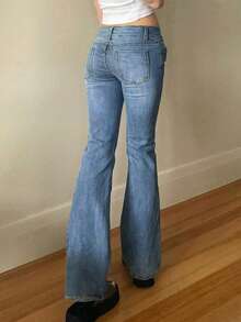 女式百搭口袋喇叭休闲紧身牛仔裤