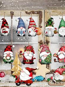 12 件复古小矮人装饰品 - 带有圣诞老人图案的木制圣诞树挂件，节日派对装饰品 - 彩色 - 查看 2