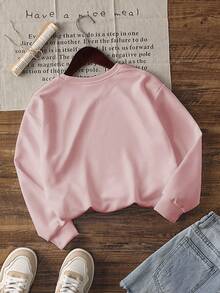 1pc Girls Casual Bow & Cute Face Print Crew Neck Sweatshirt, Minimalist Style, Suitable For Students, Autumn/Winter - Pink - View 4