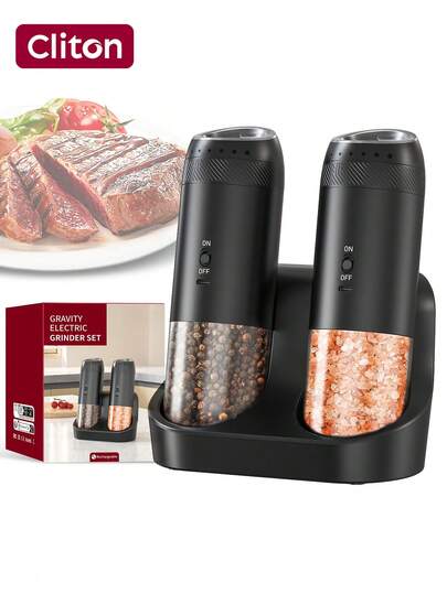 CLITON Juego recargable de molinillos eléctricos de sal y pimienta con base de carga conveniente - regalo perfecto para fiestas, batería de 500mAh de larga duración, activación inclinando para moler, dial externo ajustable de grosor, luces indicadoras LED, tolva transparente de 176ml para ver los niveles, Body con acabado mate. Ideal para regalos de Navidad, Acción de Gracias, inauguración de casa, cumpleaños y aniversario, apto para cocina, barbacoa y uso diario