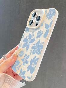1 pieza Funda de teléfono suave, antideslizante y a prueba de caídas con patrón floral azul minimalista y textura de litchi, compatible con Apple y otros teléfonos