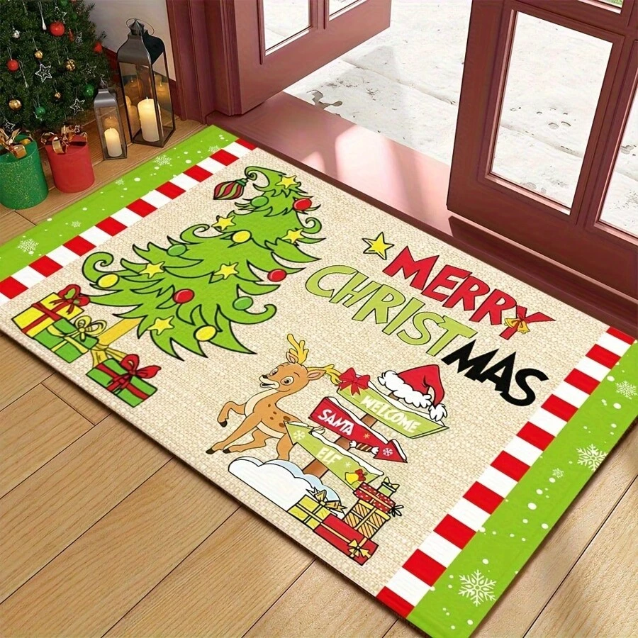 1/2pcs Winter Wonderland Christmas Doormat Set, Lightweight, Non-Slip, Washable, Made Of Synthetic Fiber With Rubber Backing, Christmas Decor Floor Mat With Green Border And Snowflake Pattern, Suitable For Living Room, Kitchen, Bathroom, Dining Room, Study